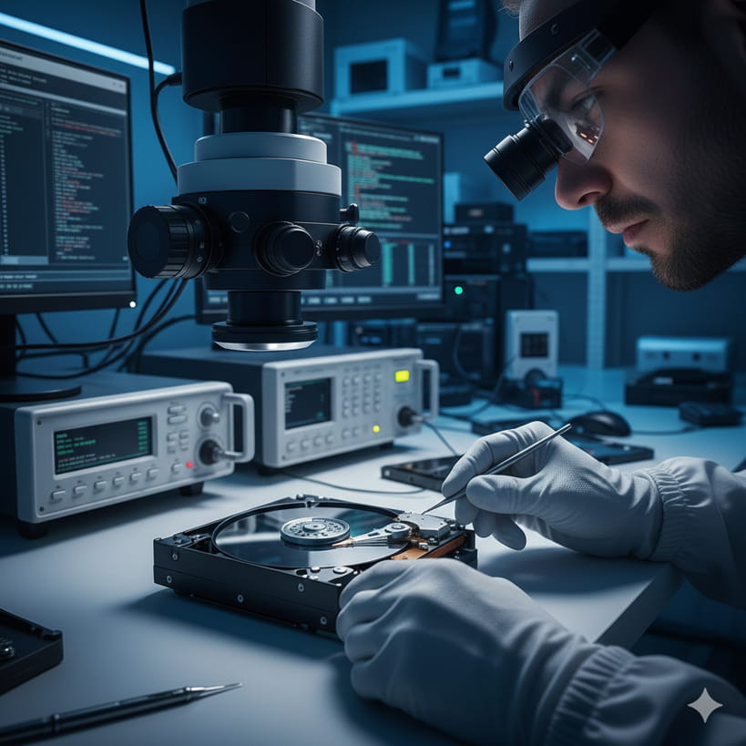 Professional technician repairing a damaged hard drive for data recovery.