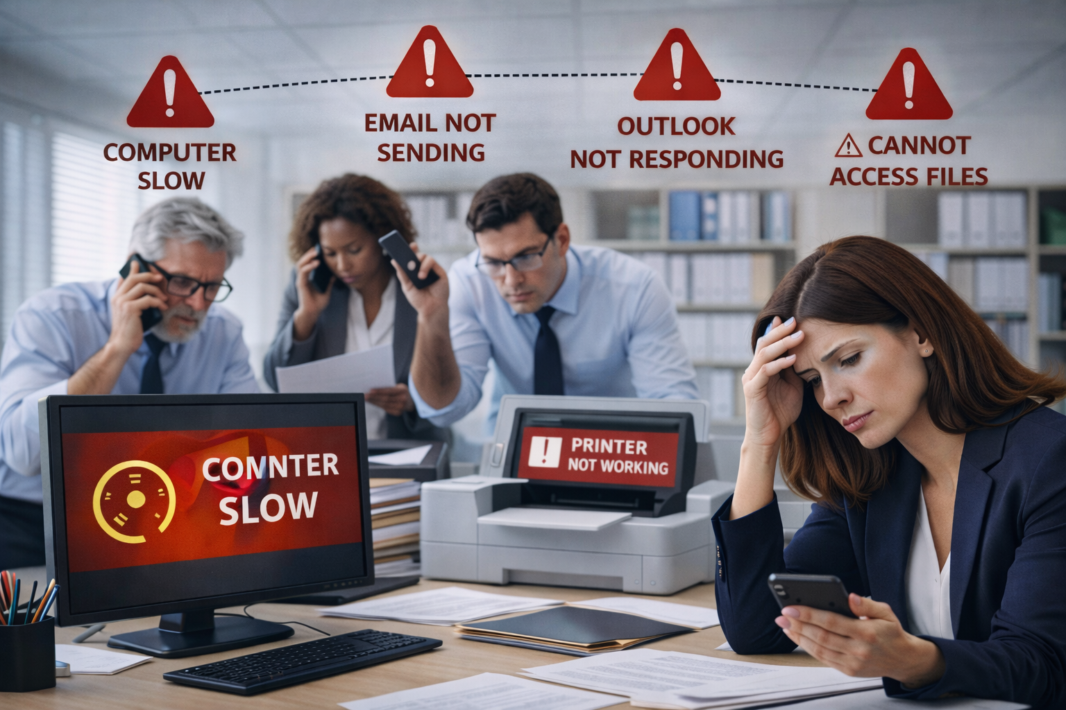 Office staff dealing with computer slowdowns, email not sending, Outlook not responding, and a printer not working, causing interruptions during a busy workday.