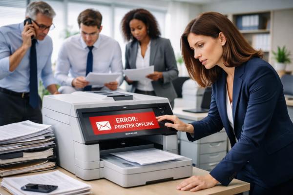 Office staff experiencing a printer outage during a busy workday, with printing errors delaying documents and client service.