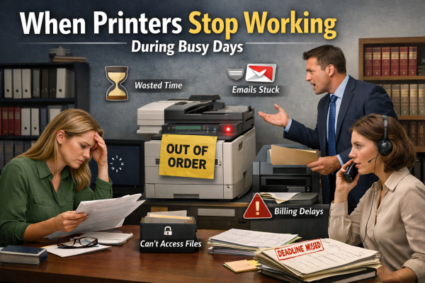 Office staff experiencing delays and frustration when a printer stops working during a busy workday
