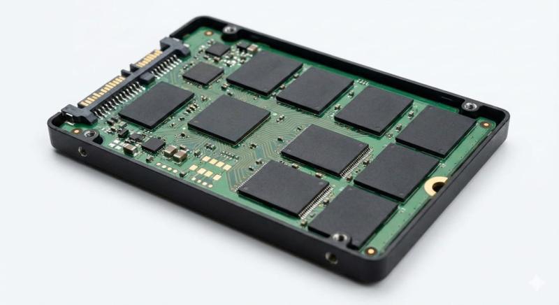 Close-up photograph of an open solid state drive (SSD) circuit board, showing multiple NAND flash memory chips and the central controller chip.