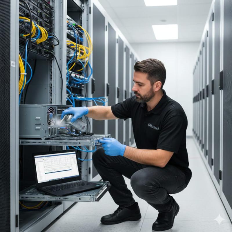 A professional IT technician performing a semi-annual hardware maintenance check on a server rack in a modern data center.