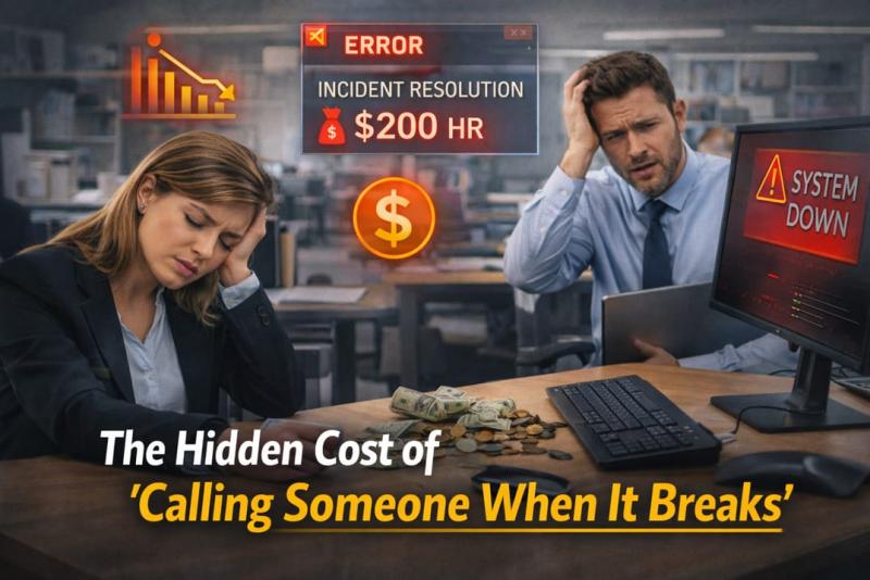 Office staff in a New Jersey business experiencing costly IT downtime due to a break-fix support approach
