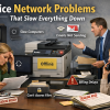 Office staff experiencing slow computers, email delays, and printer failures caused by network problems during a busy workday