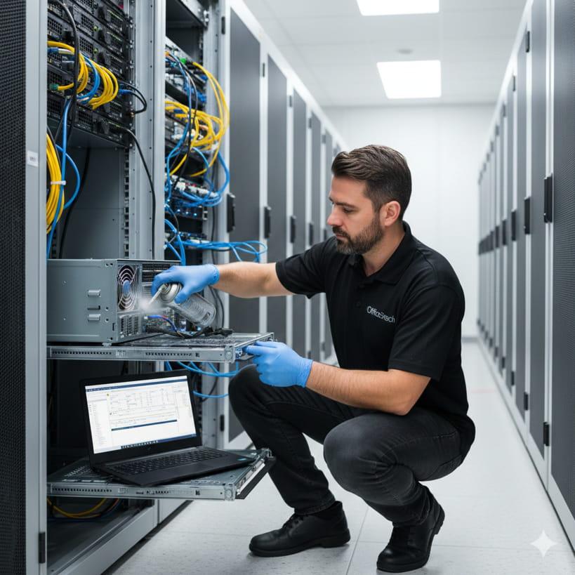 A professional IT technician performing a semi-annual hardware maintenance check on a server rack in a modern data center.
