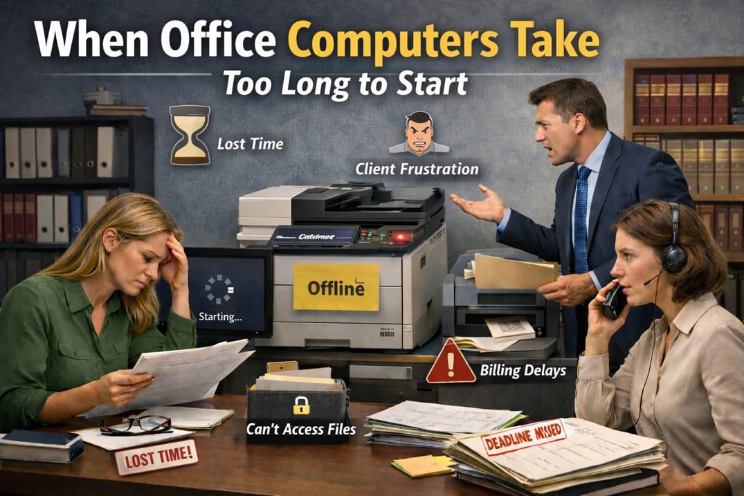 Office staff waiting on slow-starting computers while phones ring and work piles up at the start of a busy workday