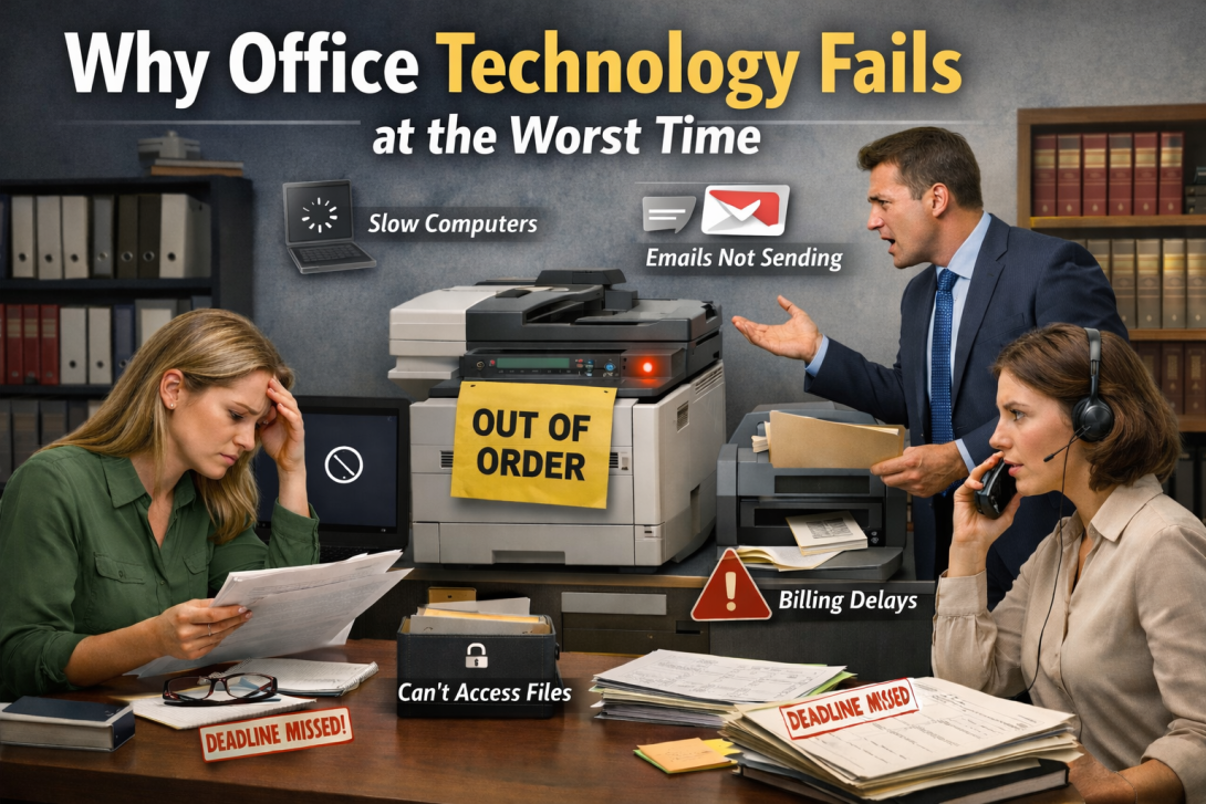 Office staff dealing with multiple technology failures during a busy workday, causing missed deadlines and client delays
